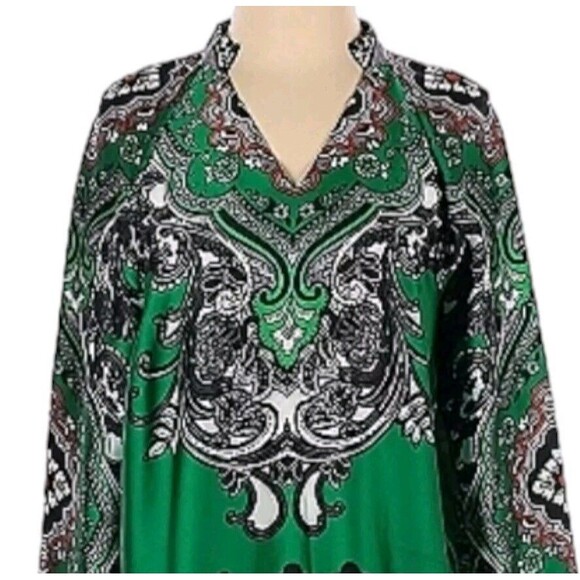 Chico's Paisley Tunic Top Size S/0 Long Sleeve V-Neck Blouse Green Black White - Picture 4 of 7